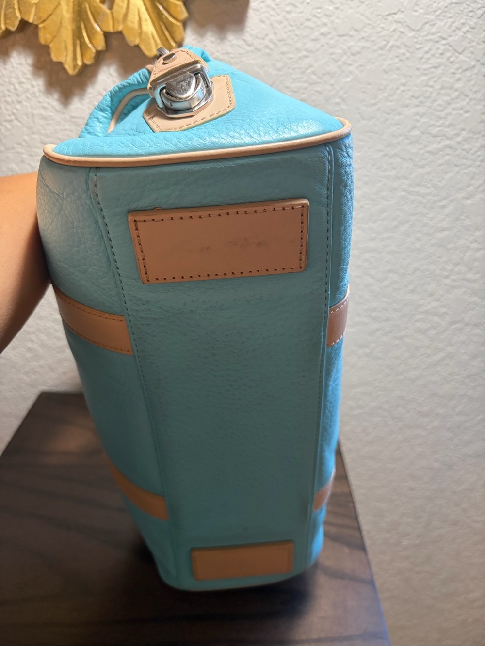 Ann Taylor Turquoise Leather Barrel Satchel Handbag - Picture 4 of 7
